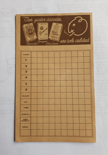 Hoja Anotador Juego Generala Antiguo Publicidad Cigarrillos