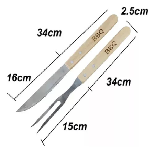 Set 2pz Tenedor Cuchillo Acero Bambu Carne Asada Parrilla Ba Plateado
