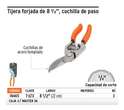 Tijera Una Mano Forjada 8 1/2' Cuchilla Paso Truper - 18465