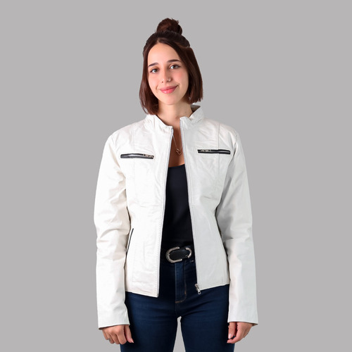 Campera De Cuero Vacuno 100% De Mujer Blanca Tiza - 142 