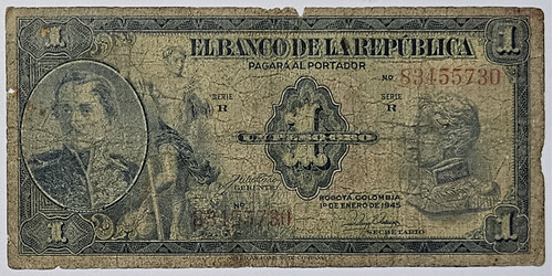 Billete 1 Peso 01/ene/1945 Colombia Vg-f
