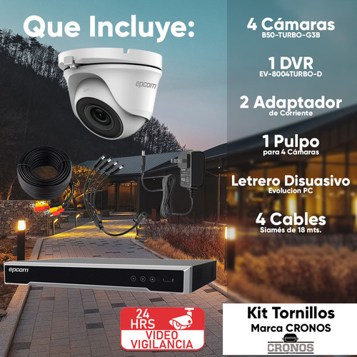 Epcom Kit De 4 Camaras De Seguridad Metalicas Domo 5mp Protección Ip66 Para Uso Exterior + Dvr 4ch Turbohd Con Detección De Movimiento Y Salida De Alarma Modelo Ev8004e50-plus