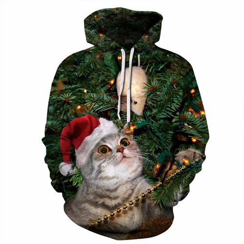 A*gift Capucha Loosesweatshirt Navidad Sombrero Gato Impresi