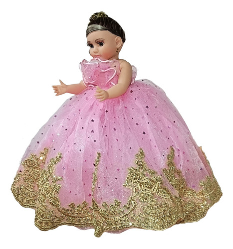 Muñeca Quinceañera Xv Aplicación-dorada Rosa Pastel