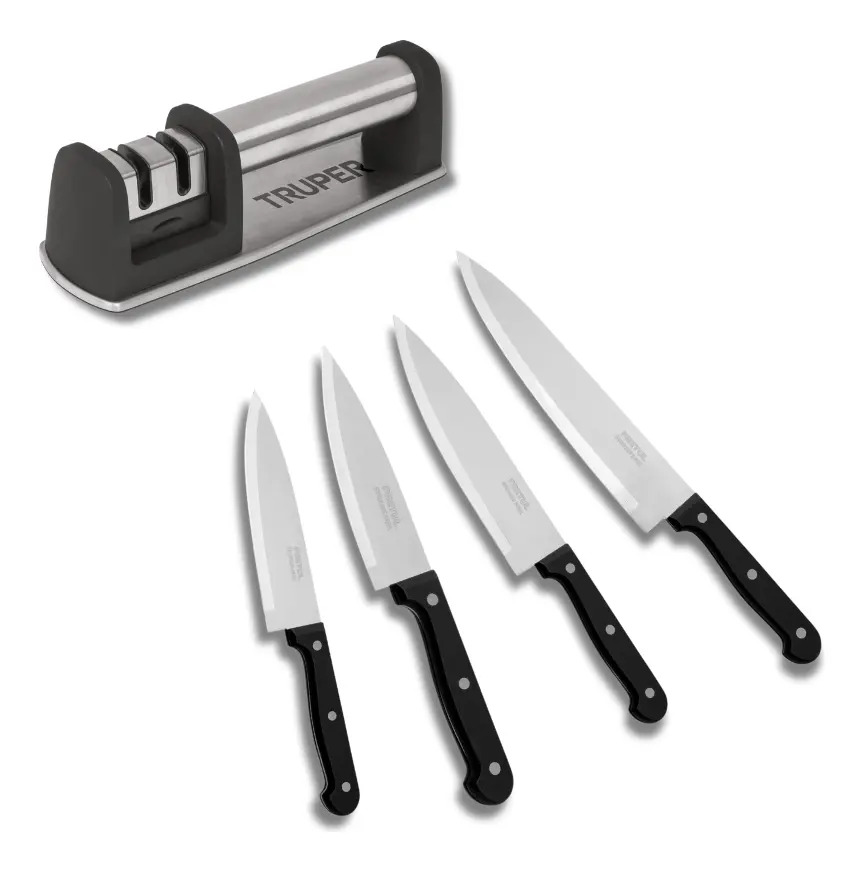 Afilador De Cuchillos + 4 Cuchillos 5 ,6 ,7 ,8 In Truper Color Gris Oscuro