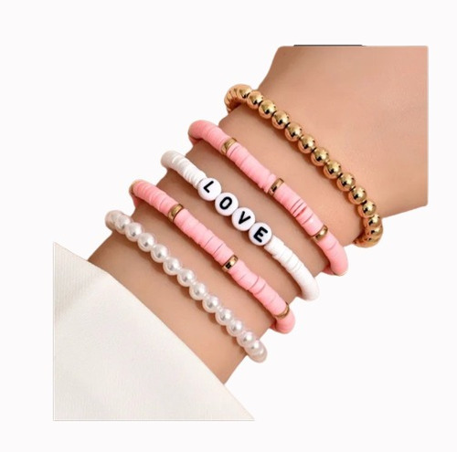 5 Pulseras Rosa Ceramica Arcilla Suave Letras De Love