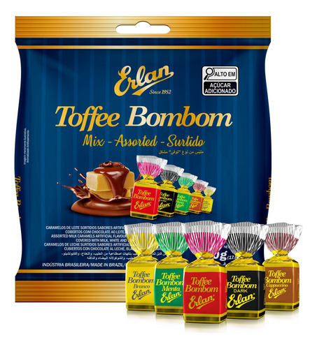 Bombom Toffe Mix Erlan, 10 Pacotes Com 500g (800 Balas)