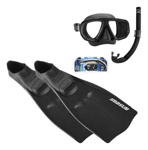 Kit Mergulho Completo Máscara Snorkel Nadadeira Pé De Pato Seasub - Vidros Temperados Intercambiáveis Cor Preto | 33/35