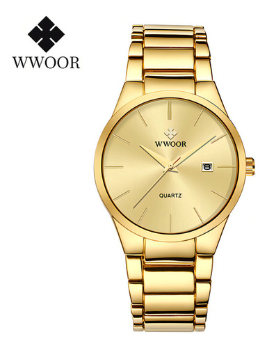 Relojes de cuarzo inoxidable Wwoor 8875 Calendar con correa dorada