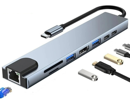 Adaptador Hub Usb-c 8n1 Hdmi Usb 3.0 Micro Sd Rj45 + Aliment