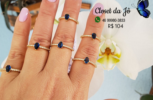 Anel Aliança Gota Mini Cristal Azul Bruna Semijoias