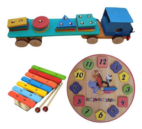 Brinquedo Pedagógico Carreta Prancha + Xilofone + Relógio