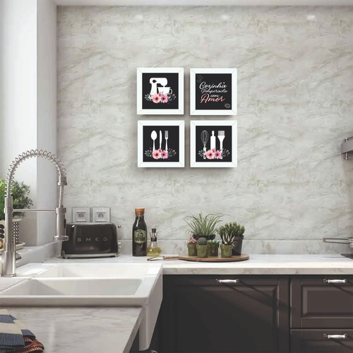 Kit 4 Comics Kitchen Spiced With Love Frame, 18 x 18 cm, diseño con nombre, batidora blanca, 18 x 18