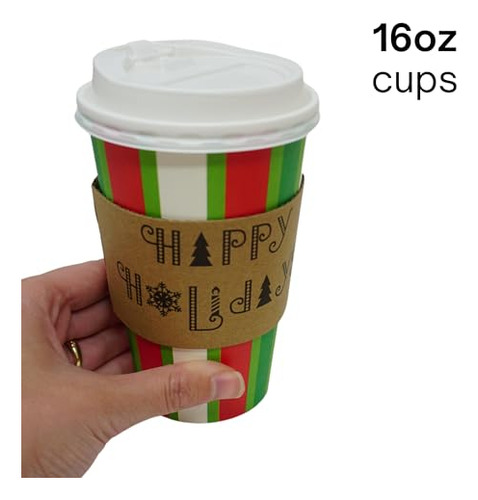 Tazas De Papel Desechables De Navidad De 16 Oz Con Tapas De
