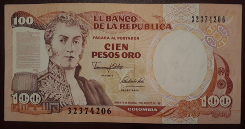 Colombia Billete De 100 Pesos Oro Año 1991