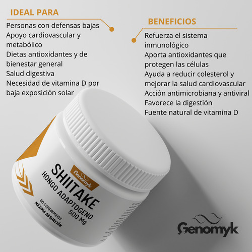 Shiitake Hongo Adaptógeno Genomyk X 60 Comprimidos Neutro