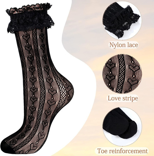 4 Pares Calcetines Encaje Con Volantes Al Tobillo Para Mujer