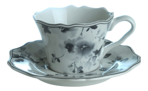 Taza De Cafe Con Plato Porcelana Set X 6 Diseño Ingles Gris