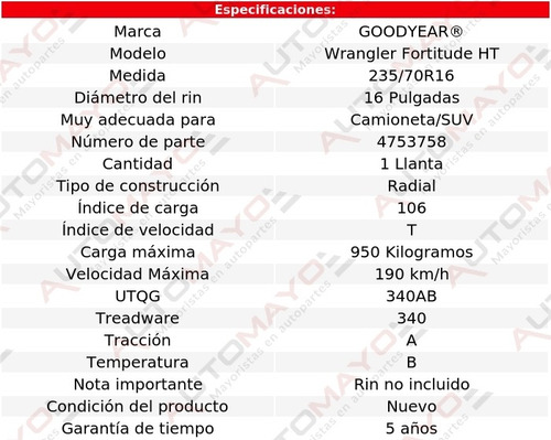 Llanta Wrangler Fortitude Ht Goodyear 235/70r16 106t