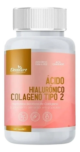 Ácido Hialurônico Colágeno Tipo 2 500mg 100 Cáps Suplemento Em Cápsulas Denature Encapsulados Vitaminas Naturais Sabor Natural Em Pote De 200g Un