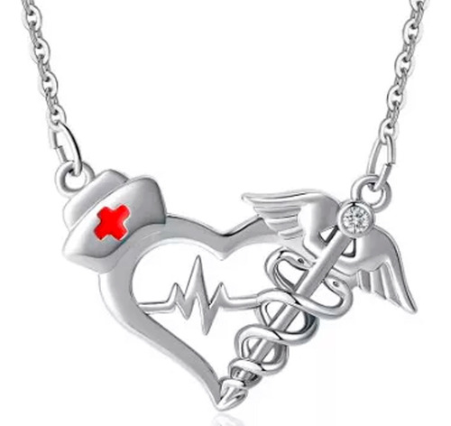 Collar De Corazón De Enfermera Médica Chapado En Plata Color Plateado