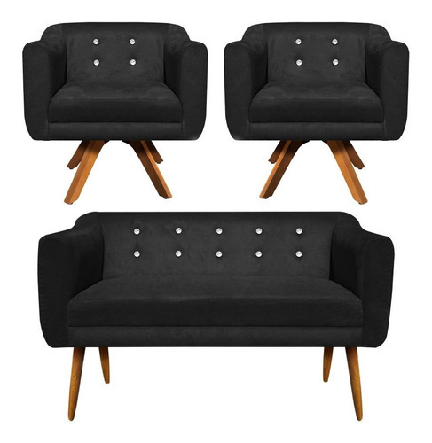 Kit Namoradeira E 2 Poltronas Giratória Julia Suede Preto
