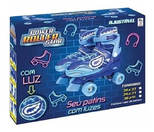 Patins Roller 4 Rodas Com Luz 34 A 37 Ajustável Azul