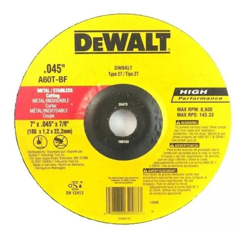 Disco Corte Ultrafino Dewalt 7´´ X 0,45´´ X 7/8´´ Pack 2 Pcs