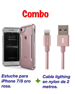 Estuche Para iPhone 7/8 + Cable Nylon De 2m Oro Rosa Combo