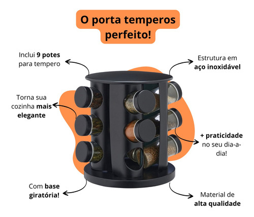 Porta Temperos E Condimentos Giratório Com 9 Potes De Vidro