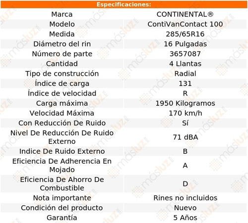4 Llantas Contivancontact 100 Continental 285/65r16 131r