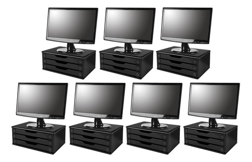 Conj. 7 Suportes P/ Monitor Mdf Black Piano 3 Gavetas Black