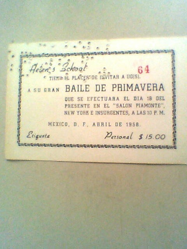 Boleto Antigüo Para Baile De Primavera 1958 Helens School