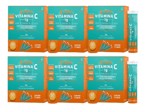 6cx C-triple Vitamina C 1g Laranja C/ 30 Comprimidos Cada