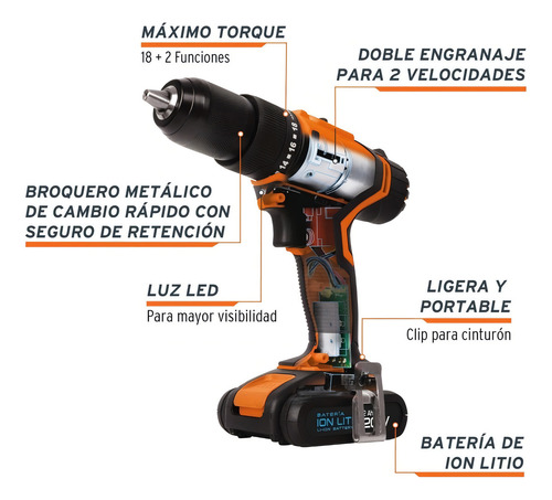 Taladro Percutor Inalámbrico Eléctrico 1/2 - Truper 18155 Naranja