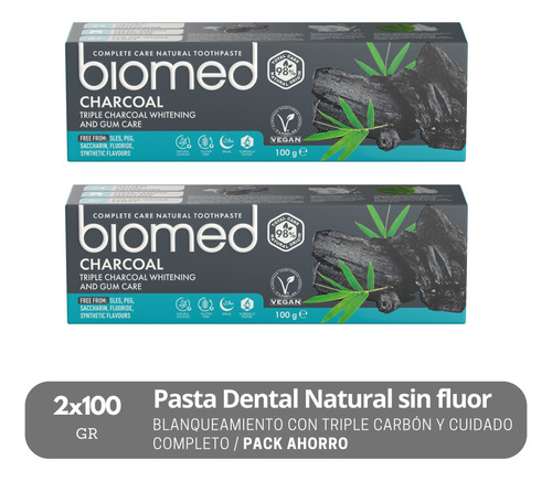Pack 2 Pastas Dentales Naturales Biomed Charcoal Sin Fluor