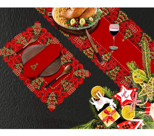 Mantel Individual Navideño Con Pinos Bordado Color Rojo 6 Pz