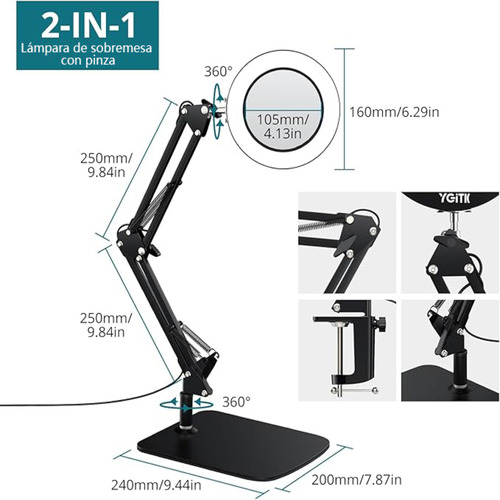 Lámpara Lupa De Aumento Lente Circular Luz Led Soporte 2en1