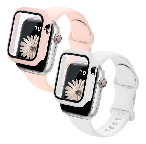 4pc Correa Silicon Para Apple Watch+case Serie 8/7/6/5/4/3/2 Ancho De La Correa 3.8 Cm Color Rosa/blanco
