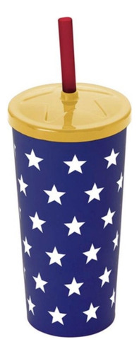 Copo C/ Canudo Azul Estrelas Festas Utilidade