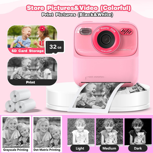 Cámara Digital Rosa Para Niños, Impresión Instantánea De Fot