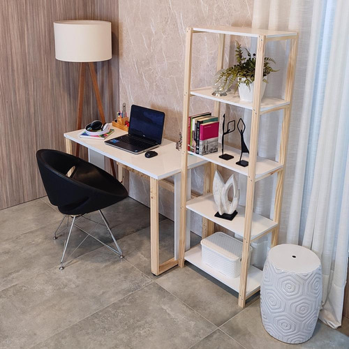 Mesa de estudio y estantería para oficina en casa con estantes de madera blancos
