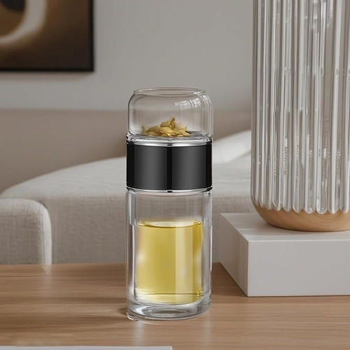 Botella De Vidrio Doble Pared Portátil, Termos Infusor De Té Pared Portátil Negro