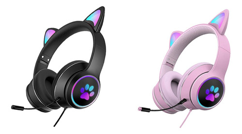 2 Uds. Auriculares Con Cable De Oreja De Gato Con Luz Rgb