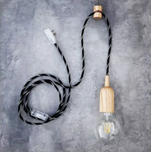 Portalámparas Madera - Cable Textil 2m Interruptor Y Enchufe