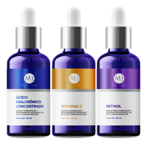 MIST JEWEL Kit sueros faciales Acido Hialurónico, Retinol y Vitamina C + E | Conjunto de serums completo para rejuvenecer, proteger y cuidar el cutis antiedad (KIT facial complete)