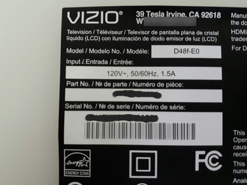 Botonera Y Sensor Infrarrojo Para Vizio Modelo: D48f-e0 (Usado)