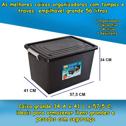 Kit 3 Caixa Organizadora De 56 Litros Multiuso Plástica C/ Tampa