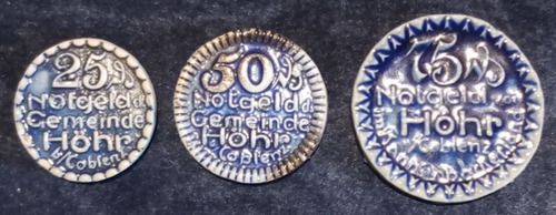 Monedas Alemania Notgeld Höhr/coblenz. Porcelana X 3 Uni (Usado)