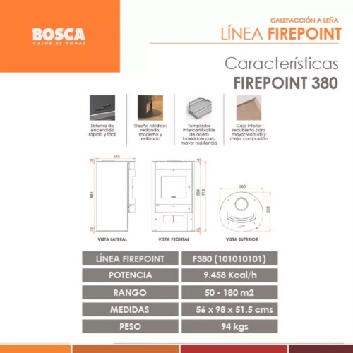 Imagen 5 de 10 de Salamandra Bosca Firepoint 380 Estufa A Leña 180m2 9500 Kcal